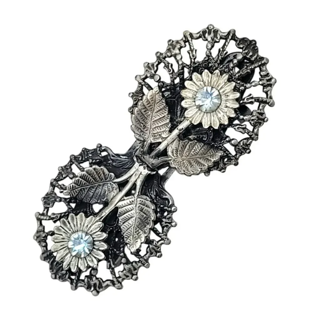 Vintage 40s Floral Rhinestone Filigree Buckle Silver Tone Dainty Romantic